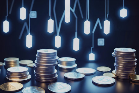 Stacks of gold coins on dark background with glowing light bulb.の素材