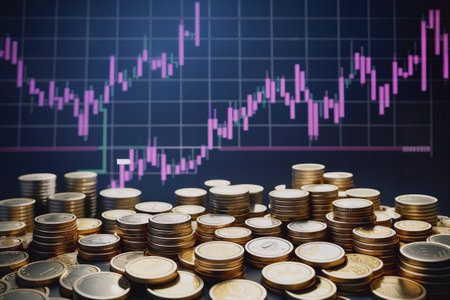 Investment concept, Coins stacked on each other with stock market graph background.の素材