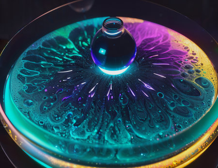 abstract background with water drops in blue and green colors. 3d rendering. Macro shot.の素材