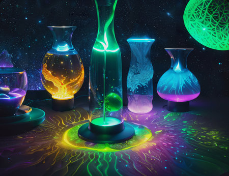 Colorful glowing glass vases in a dark space. 3D renderingの素材