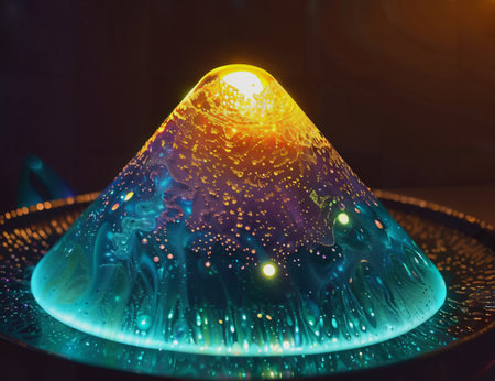 Macro shot of a glass chandelier with multicolor lights.の素材