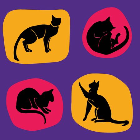 Hand Drawn Vector Cat Silhouette pattern in trndy colors.のイラスト素材