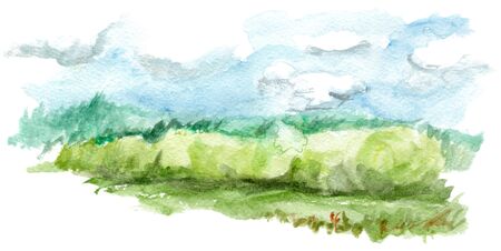 Hand drawn panoramic european landscape watercolor background. Calm sky, meadows and hills.の写真素材