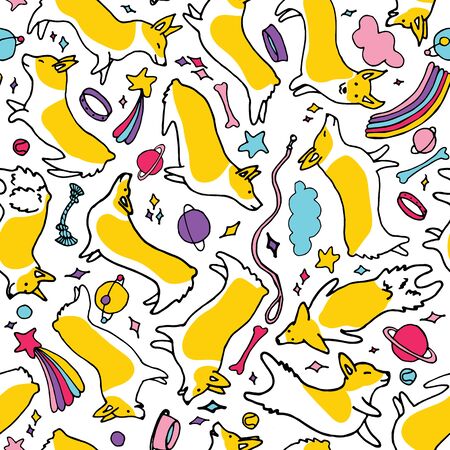 Welsh Pembroke Corgi seamless pattern. Whimsical theme with space elements, rainbows and toys.のイラスト素材