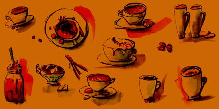 Hand drawn coffee set, colorful marker drawn objects.の写真素材