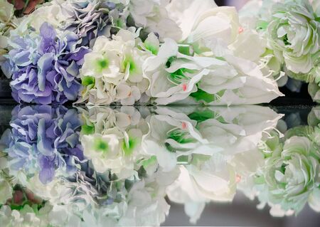Flowers and their reflection. Flower background. Colorful flowers