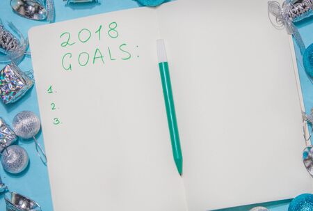 2018 list of goals. Lay flat on blue backgroundの写真素材