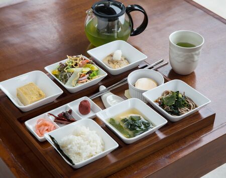 Japanese breakfast in bento box. Top view of classic japanese breakfastの写真素材