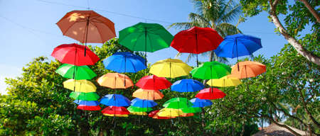 Many Colorful umbrellas in the sky street decorationの写真素材