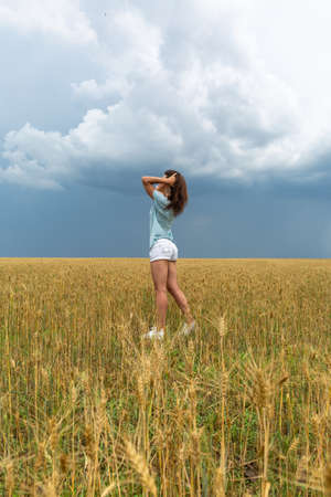 Young Woman In Wheat Field At Summerの写真素材