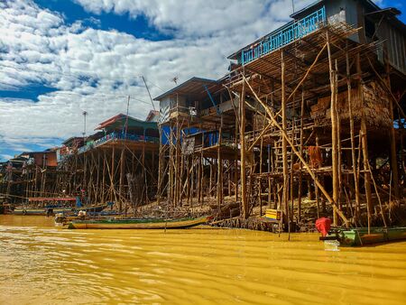 floating village river during the dry seasonの写真素材