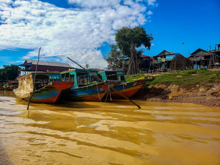 Siem Reap, Cambodia, December 31, 2019: floating village river during the dry seasonのeditorial素材