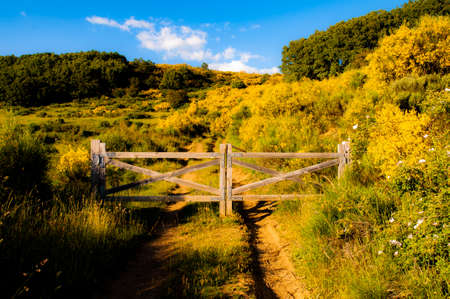 Asturias, Spain, June 22, 2020: fence door to a path in the country sideの写真素材