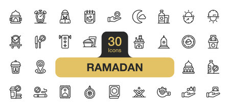 Set of 30 Ramadan icon element sets. Includes crescent moon, charity, meal, no drinks, mosque,  and More. Outline icons vector collection.のイラスト素材