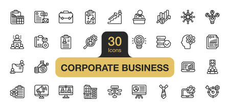 Set of 30 Corporate Business icon element sets. Includes Briefcase, Office building, Finance, Accounting, Marketing, Sales, Human resources, Development, Innovation, and More. Outline icons vector collection.のイラスト素材