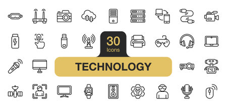 Set of 30 technology icon element set. Includes network, server, camera, game, laptop, and More. Outline icons vector collection.のイラスト素材