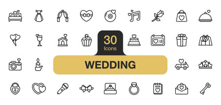 Set of 30 Wedding icon element set. Includes love, ring, cake, rose, candle, crown, and More. Outline icons vector collection.のイラスト素材