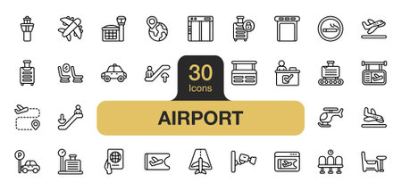 Set of 30 Airport icon element set. Includes airplane, car, escalator, cabin, passport, landing, and More. Outline icons vector collection.のイラスト素材