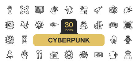Set of 30 Cyberpunk icon element set. Includes hacker, digital, padlock, futuristic, virtual, computer, and More. Outline icons vector collection.のイラスト素材