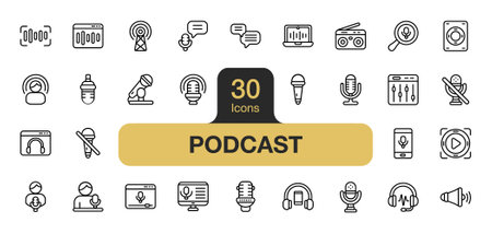 Set of 30 Podcast icon element set. Includes speaker, mic, mixer, on air, radio, broadcast, and More. Outline icons vector collection.のイラスト素材