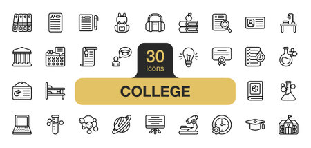 Set of 30 College icon element set. Includes Backpack, idea, graduate, research, study, university and More. Outline icons vector collection.のイラスト素材