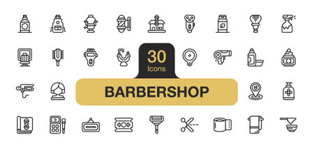 Set of 30 Barbershop icon element sets. Includes spray bottle, apron, shaver, hair iron, mirror, towel, razor, and More. Outline icons vector collection.のイラスト素材