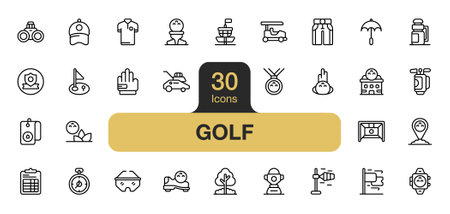 Set of 30 Golf sport icon element sets. Includes score, golf hole, clothes, trainer, umbrella, medal, glove, and More. Outline icons vector collection.のイラスト素材