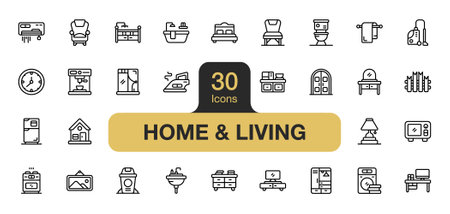 Set of 30 Home and Living icon element sets. Includes clock, toilet, lamp table, small cupboard, armchair, picture,  and More. Outline icons vector collection.のイラスト素材