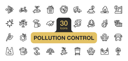Set of 30 Pollution Control icon element sets. Includes Renewable energy, Solar panel, Wind turbine, Electric car, Bicycle, Public transportation, and More. Outline icons vector collection.のイラスト素材