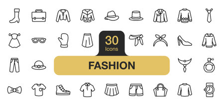 Set of 30 Fashion icon element set. Includes tie, dress, shirt, sweater, jeans, hoodie, and More. Outline icons vector collection.のイラスト素材