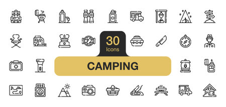 Set of 30 Camping icon element sets. Includes cutting knife, matchbox, truck, backpack, picnic basket, camper van, and More. Outline icons vector collection.のイラスト素材