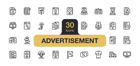 Set of 30 Advertisement icon element sets. Includes advertising, browser, podcast, marketing, billboard, and More. Outline icons vector collection.のイラスト素材