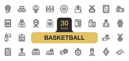 Set of 30 Basketball icon element sets. Includes ball, field, card, jersey, strategy, badge, winner, and More. Outline icons vector collection.のイラスト素材