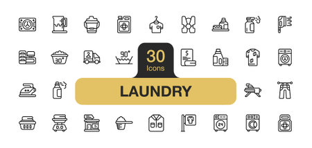 Set of 30 Laundry icon element sets. Includes Washing Machine, Jeans, Shirt, Delivery Truck, Chlorine, Clothespin, Sign, Detergent, and More. Outline icons vector collection.のイラスト素材