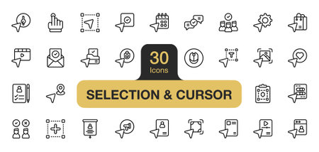 Set of 30 Selection & cursors icon element sets. Includes like, mouse, option, object, folder, selected, and More. Outline icons vector collection.のイラスト素材