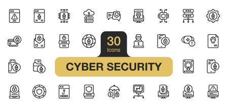 Set of 30 Cyber Security icon element sets. Includes security, safety, hacker, attack, communication, bug, and More. Outline icons vector collection.のイラスト素材