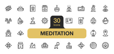 Set of 30 Meditation icon element sets. Includes yoga, health food, sport, tea, candle, book, and More. Outline icons vector collection.のイラスト素材