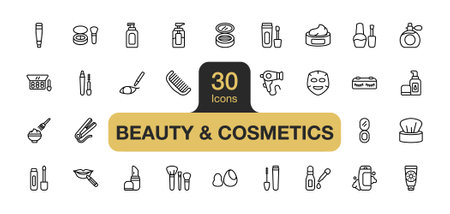Set of 30 Beauty and cosmetics icon element sets. Includes Lipstick, Mascara, Eyeliner, Eye shadow, Foundation, Concealer, and More. Outline icons vector collection.のイラスト素材