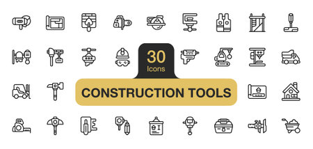 Set of 30 Construction Tools icon element sets. Include hammer, chainsaw, cutter, helmet, clamp, blueprint, and More. Outline icons vector collection.のイラスト素材