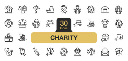 Set of 30 Charity icon element sets. Includes Volunteer, Donation, Sheltering, Charity  support, and More. Outline icons vector collection.のイラスト素材