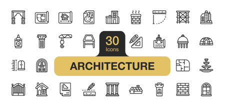 Set of 30 Architecture icon element set. Includes house, building, dome, wall, blueprint, tower, and More. Outline icons vector collection.のイラスト素材