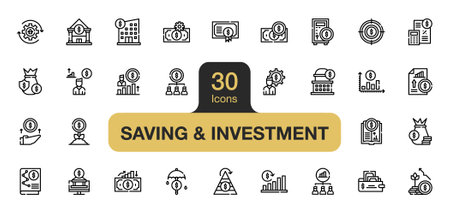 Set of 30 Saving and investment icon element sets. Includes manager, deposit, banking, management, profit, money, income, and More. Outline icons vector collection.のイラスト素材