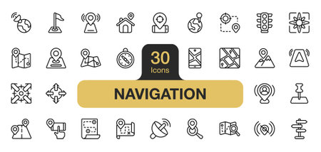 Set of 30 Navigation icon element set. Includes compass, maps, route, mountain, location, road, tracker, and More. Outline icons vector collection.のイラスト素材