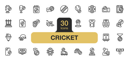 Set of 30 Cricket icon element sets. Includes cricket ball, bats cricket, cricket stump, wings, hat, and More. Outline icons vector collection.のイラスト素材