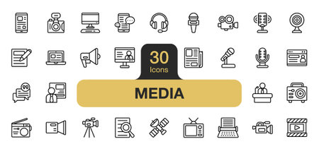 Set of 30 Media icon element set. Includes camera, radio, recording, video, news, and More. Outline icons vector collection.のイラスト素材