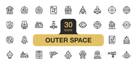 Set of 30 Space icon element sets. Includes Rocket, Space Probe, Telescope, Black Hole, Planet Earth, Moon, Ufo, Saturn, Astronaut, and More. Outline icons vector collection.のイラスト素材
