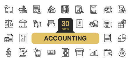Set of 30 Accounting icon element set. Includes report, statistics, banking, investment, money, and More. Outline icons vector collection.のイラスト素材