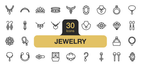 Set of 30 Jewelry icon element set. Includes ring, crown, diamond, royal ring, and More. Outline icons vector collection.のイラスト素材
