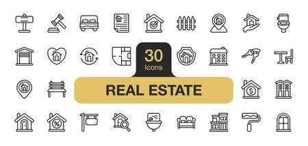 Set of 30 Real estate icon element set. Includes villa, toilet, home,house, bedroom, garage, and More. Outline icons vector collection.のイラスト素材