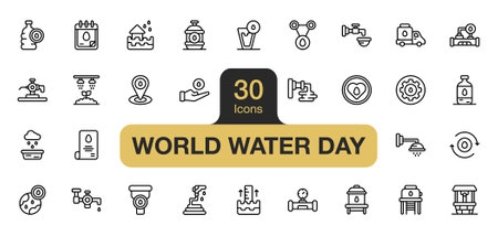 Set of 30 World Water Day icon element sets. Includes water system, report, flood, water day, water earth, and More. Outline icons vector collection.のイラスト素材